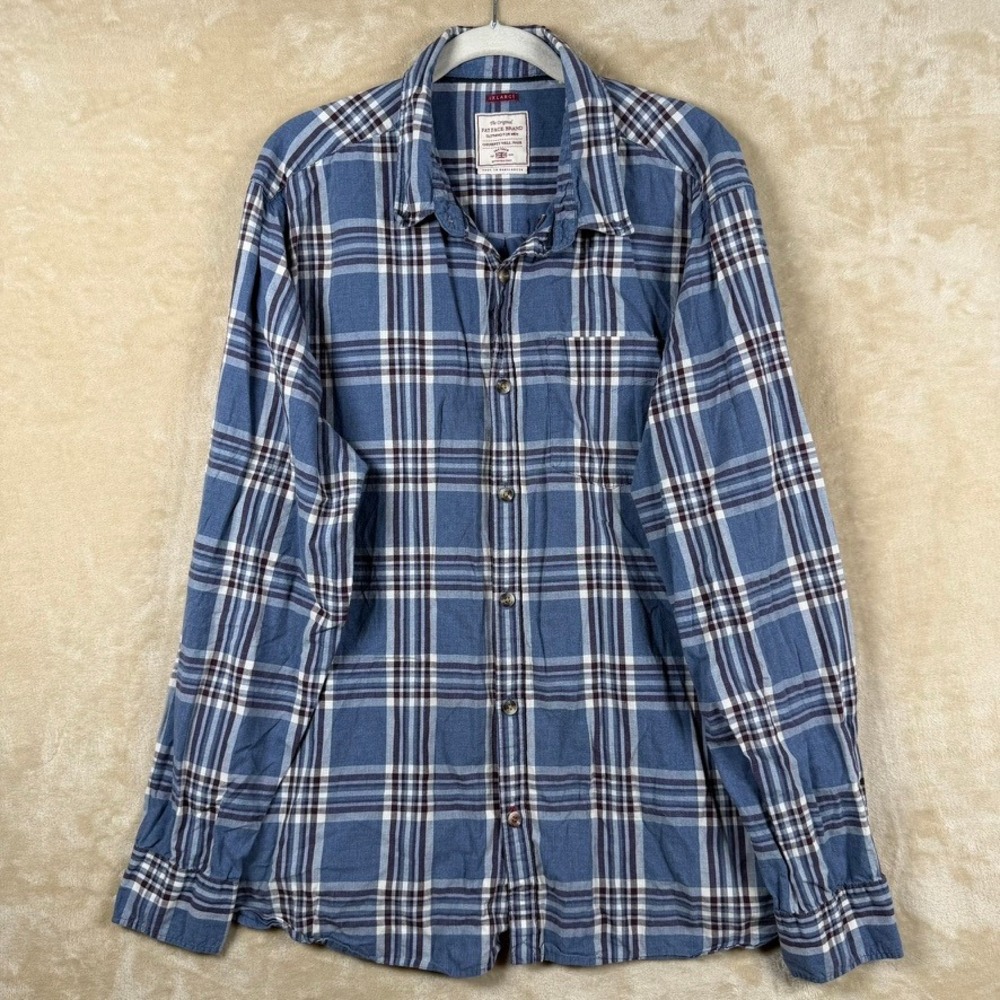 Fat Face Mens XXL Blue Cadet Plaid Cotton Long Sleeve Button Down Shirt Preppy